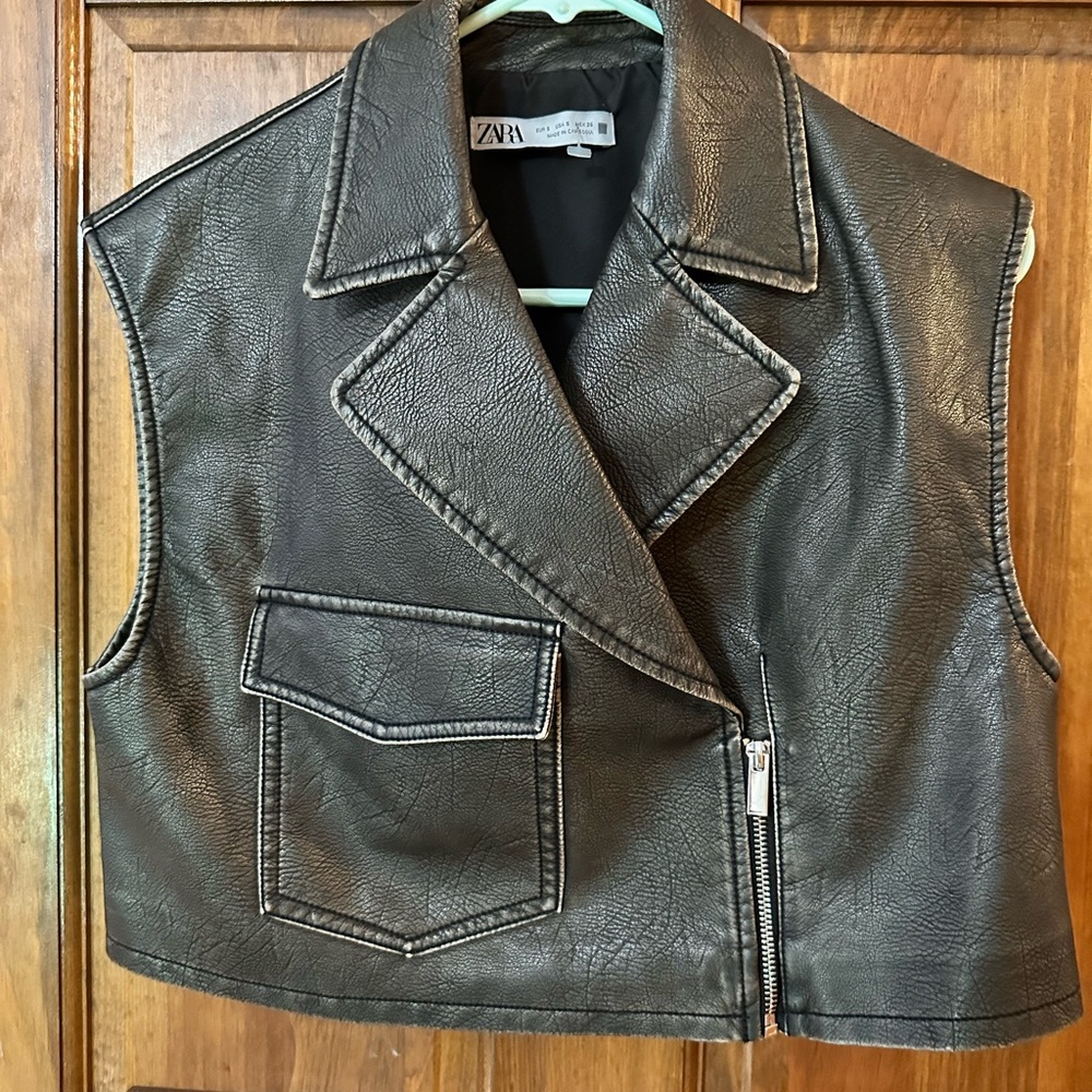Realistic Zara Brown Faux Leather Zip Biker Vest- Small